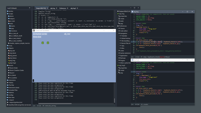 A screenshot of GMEdit shows a GMEdit window with two smaller code editor windows opened alongside.