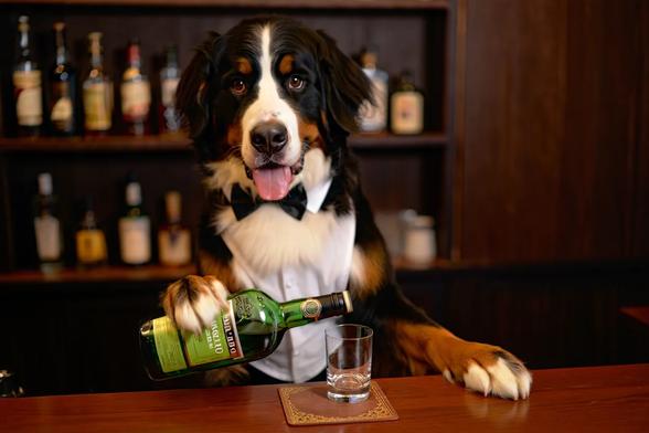 A Bernese Mountain Dog behind a bar, dressed as a bartender, pouring a drink out of a bottle of Green Chartreuse.