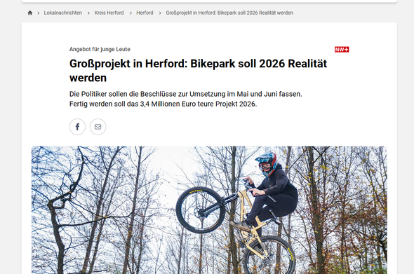 Angebot für junge Leute

NW+
Großprojekt in Herford: Bikepark soll 2026 Realität werden
Die Politiker sollen die Beschlüsse zur Umsetzung im Mai und Juni fassen. Fertig werden soll das 3,4 Millionen Euro teure Projekt 2026.