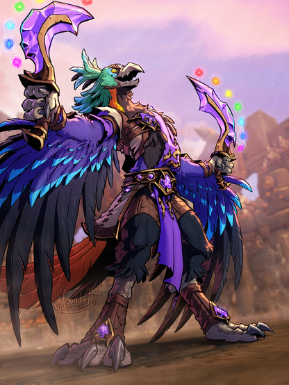Digital art of a brightly colored arakkoa (anthro avian) seen from a low angle, standing in a coliseum with two swords proudly raised in his outstretched arms, smirking at the audience. Both swords are made of purple crystal with seven glowing orbs along the blade, each colored a different rainbow hue.
