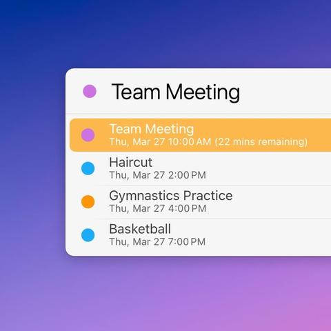 Cropped screenshot with some example events. Each event has a title, a start time and the name of the calendar (cropped out here). The first event also shows how much time is left until it starts, or if it has already started, the remaining time.