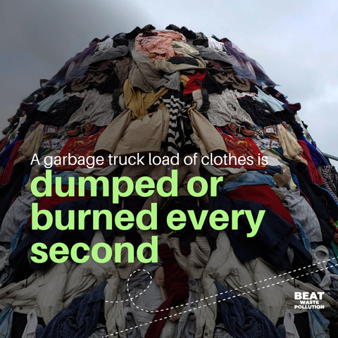 A giant pile of clothing and the words "A garbage truck load of clothes is dumped or burned every second."