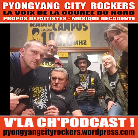 Flyer du podcast de Pyongyang City Rockers #381. Une belle équipe de bras cassés, exhibant le tout dernier numéro du fanzine Perspective.