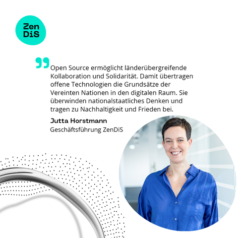 Eine Zitatkachel mit einem Foto von Jutta Horstmann und Zitat: ,,Open Source ermöglicht länderübergreifende Kollaboration und Solidarität. Damit übertragen offene Technologien die Grundsätze der Vereinten Nationen in den digitalen Raum. Sie überwinden nationalstaatliches Denken und tragen zu Nachhaltigkeit und Frieden bei."