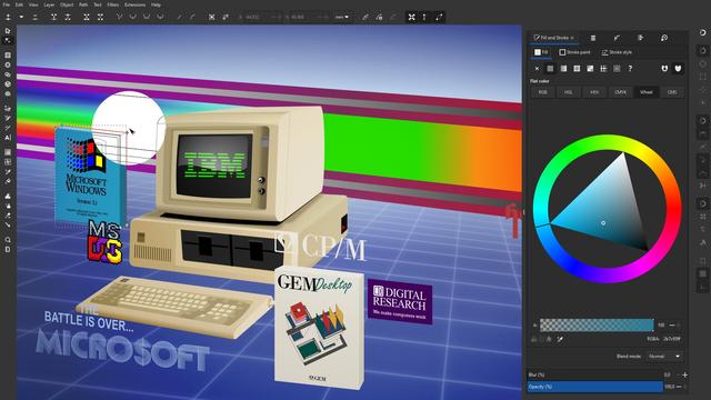 IBM PC illu in an Inkscape screenshot with color wheel menu