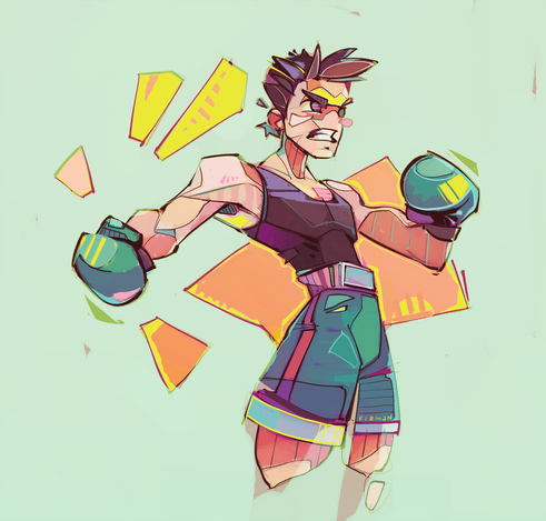 A thighs-up illustration of Little Mac from Nintendo’s Punch-Out series as well as the Smash Bros. franchise.  He is a boxer, gritting his teeth, and cocking his right arm out to his side while his left is raised in an almost guard.  He has spiky, short dark hair and strong eyebrows angled downwards.  He is muscular, wearing a black tank top, and green boxing shorts with a red stripe down the sides.  His boxing gloves are a matching green.