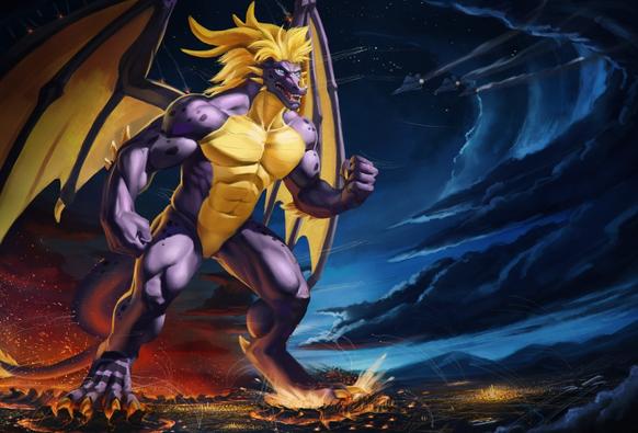 Picture of a macro anthro black and yellow dragon walking, crushing small city in his path.