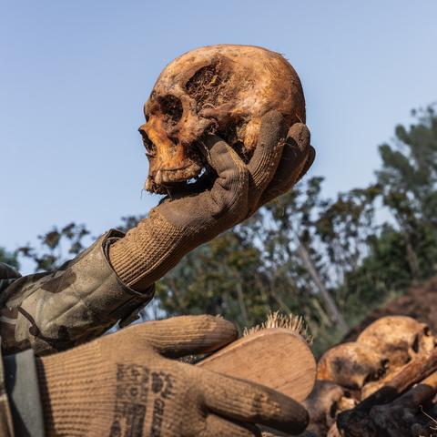 A skull found at a grave containing around 1,000 bodies near Hungary’s border with Serbia and Croatia.