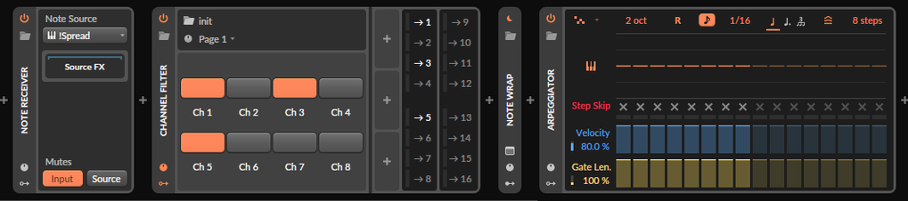 Bitwig patch receiving notes of a chord and specifying which ones to use