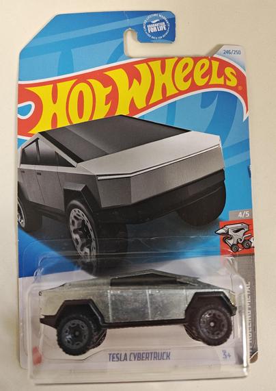 A Hot Wheels Cybertruck toy in package.