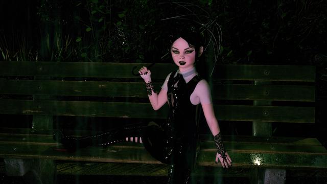 3D art of pretty goth schoolgirl Wednesday Addams, all wet from the rain.