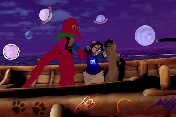 Three anthropomorphic characters are on a boat at night. The boat appears to be decorated with paw prints, a rocket, and a rainbow. There are several stylized planets or moons in the sky. The scene appears to be from a video game or animation.