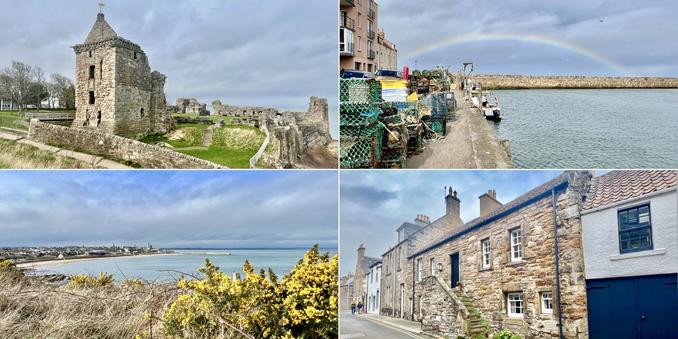 For photo collage, early Spring day, some cloud, some sun, blue/grey skies. Top left: cream/grey stone ancient castle with some green grass surrounding. Top right: blue water harbour, beige stone harbour wall; colourful creeks and nets to left; pink and cream 2-3 storey buildings far left; perfect whole rainbow over the harbour wall. Bottom right: row of old houses, mainly stone: from right….dark blue, first floor white; amber/brown stone house with walled steps; white house far left. Bottom left: yellow gorse flowers in foreground; bright blue sea and bay; pale sands and St Andrews town in the distance.