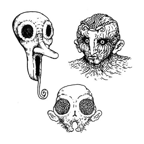Drawing of the heads of 3 horrible demons