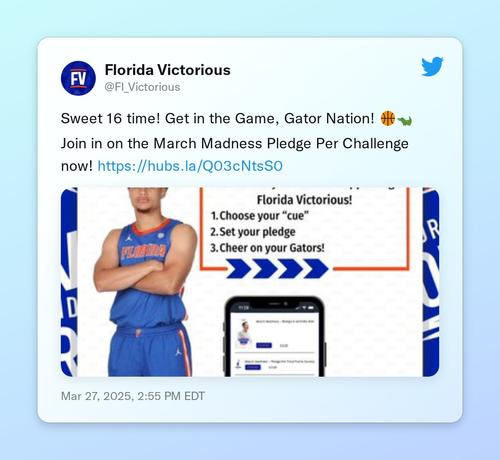 Sweet 16 time! Get in the Game, Gator Nation! 🏀🐊

Join in on the March Madness Pledge Per Challenge now! https://t.co/FBMOyYqyyp https://t.co/n7vTxqgt16