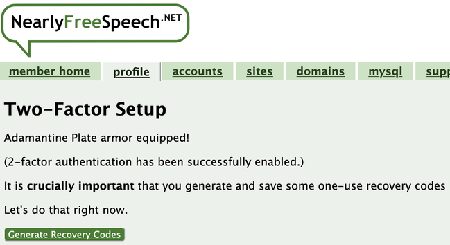 Screenshot of NearlyFreeSpeech.net two-factor setup completion stating "Adamantine Plate armor equipped!"