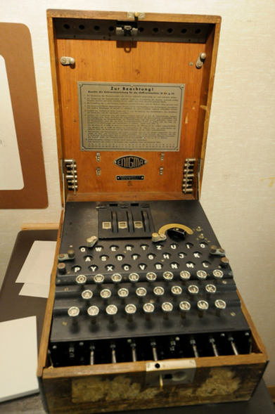 Historische Chiffriermaschine vom Typ Enigma in einem hölzernen Transportkasten, geöffnet und von oben fotografiert. Sichtbar sind die Tastatur mit deutschen Buchstaben, drei Walzen zur Verschlüsselung sowie ein Bedienhinweis an der Innenseite des Deckels.