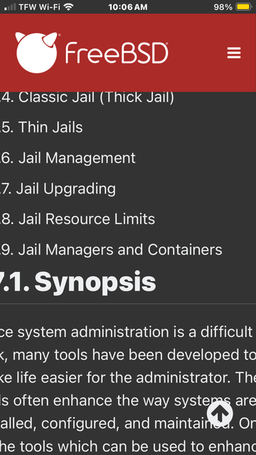 Screenshot of a page from FreeBSD Handbook shifted far too left which cuts off some words/letters.