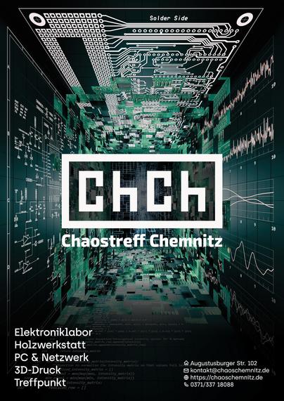 das aktuelle Werbeplakat des Chaostreff Chemnitz in futuristischer 3D-Leiterplattenoptik
