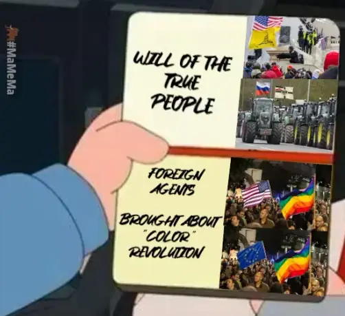 family guy scale meme

pic of jan6 usurpations
pic of tractor protest with russian and old imperial germany flag
both categorized as "will of the true people"

pic of demonstrators with lgbt and us flag
pic of demonstrators with lgbt and eu flag
both categorized: "foreign agents, brought about 'color'revolution"