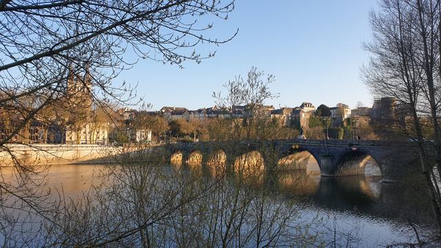 Une vue d'Angers depuis la Doutre, la rive gauche de la Maine. Derrière les fines branches bourgeonnantes et verdoyantes se dessinent la cathédrale Saint-Maurice à gauche, le pont de Verdun du centre jusqu'à la droite et, plus loin sur la droite, le château d'Angers.