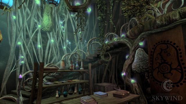 The interior of a Telvanni mushroom house, featuring a shopkeeper's desk and shelves with potions and books. The room is wrapped in roots, big mushrooms, and green luminescent bulbs.