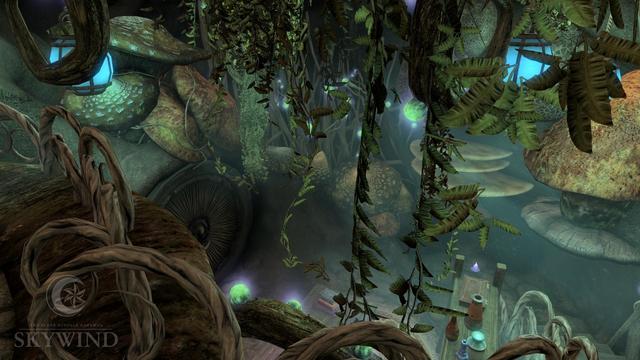 The interior of a room in a Telvanni mushroom house, showing the entrance and shopkeeper’s desk as viewed from the second floor.