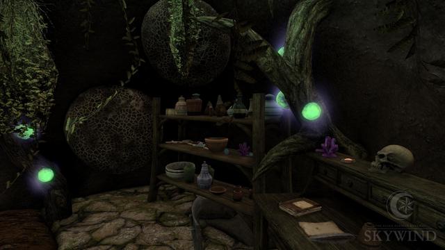 The interior of a room in a Telvanni mushroom house, showing the shop keeper’s private quarters, featuring shelves and tables with potions, urns, and ingredients, as well as a study desk.