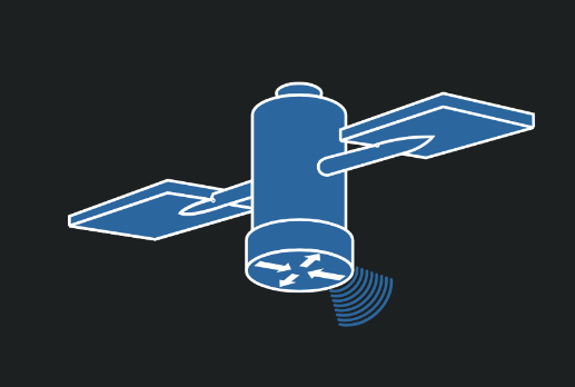 A satellite with two solar panels with white outlines. There is a router icon stuck to the bottom of it.