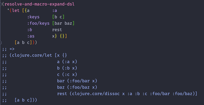 Demonstration of usage of the :& destructuring syntax in Vrac's DSL.