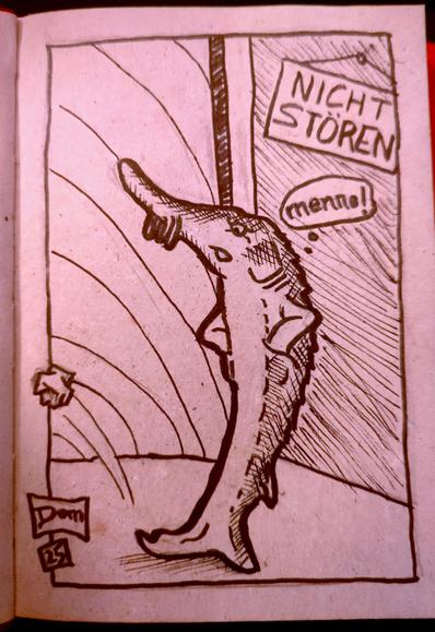 Abgebildet ist eine Seite aus einem Skizzenbuch. Darauf ist ein Stör zu sehen, der die Hände in die Hosentaschen gräbt und beleidigt ein zusammengeknülltes Papier wegtritt. Auf einem Schild an der Tür hinter ihm steht "nicht stören"