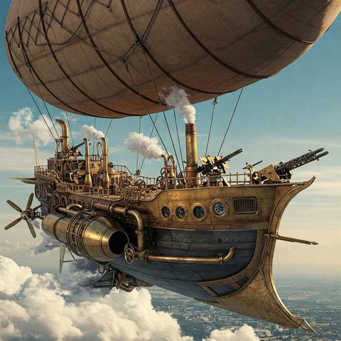 A zepelin-like ship made out of a lot of brass