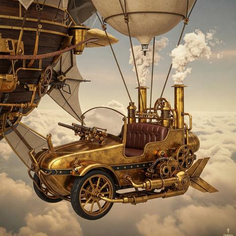 A car-like air vehicle, with what looks like a hot air baloon attached