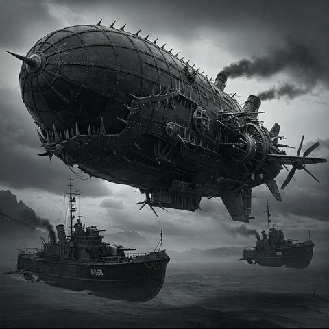 A black metal-plated zepelin-like airship, made of steel and iron, armed and steaming ahead.