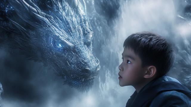 young boy in a dark cloak stares in awe at a massive, glowing blue cyber-dragon emerging from icy mist. The dragon’s scales resemble circuitry and technology, and the scene is bathed in cold, ethereal light.