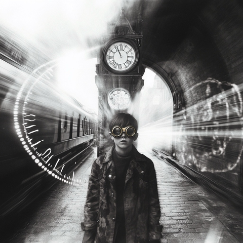 A young boy in steampunk goggles stands in front of a clock tower and a rushing train. The image is black and white with motion blur effects and surreal, time-related light streaks.