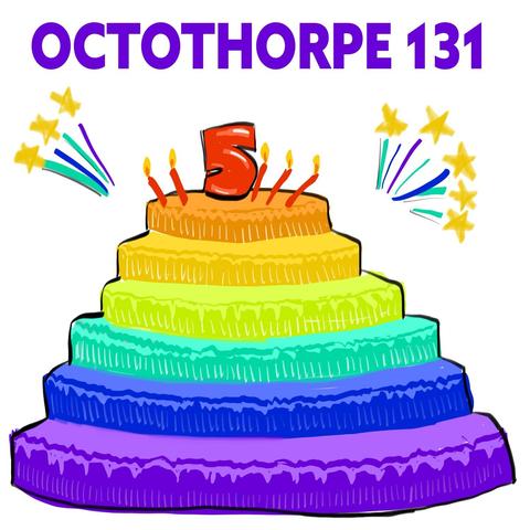A birthday cake with six layers, from purple to a dark orange, and then a red 5 and five red candles on top, with fireworks overhead. The words “Octothorpe 131” are at the top.