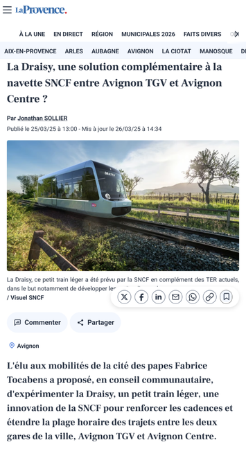 a screenshot of an article about railcar the size of a very small bus and how it would be a great idea to use it to ferry people from a train bigger than a cruise ship