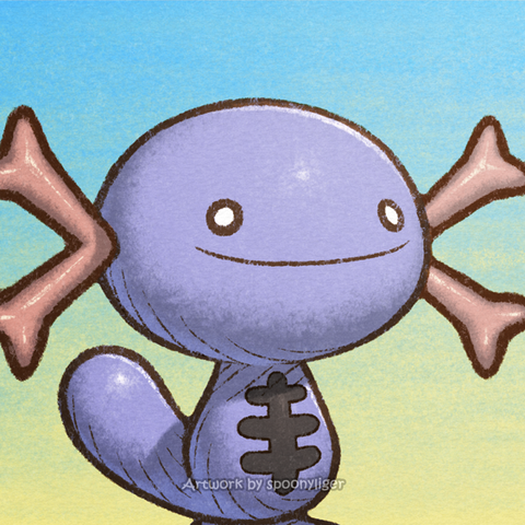 Digitally-handmade fanart portrait of a shiny Paldean Wooper Pokémon facing forward towards the right side of the image at a 3/4 angle with a smiling facial expression, on a blue-to-yellow gradient background.