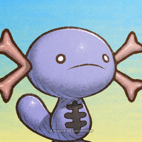 Digitally-handmade fanart portrait of a shiny Paldean Wooper Pokémon facing forward towards the right side of the image at a 3/4 angle with a frowning facial expression, on a blue-to-yellow gradient background.