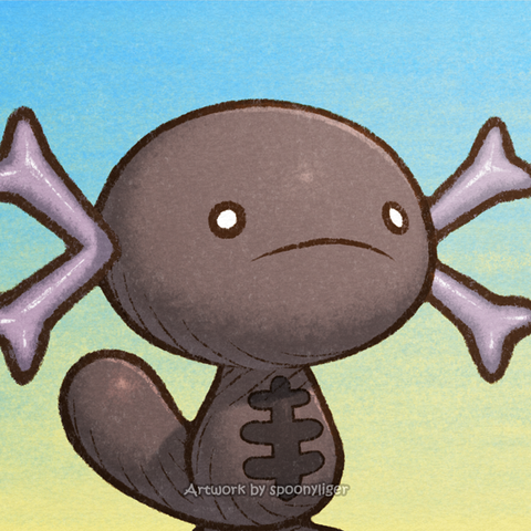 Digitally-handmade fanart portrait of a Paldean Wooper Pokémon facing forward towards the right side of the image at a 3/4 angle with a frowning facial expression, on a blue-to-yellow gradient background.