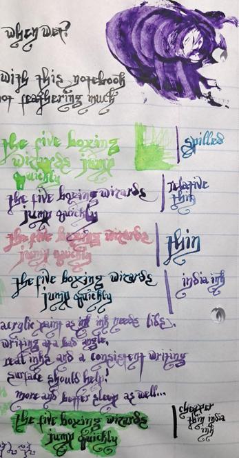 pangram about wizards
sloppy vivid colors
some watery paint and ink
dip pen calligraphy