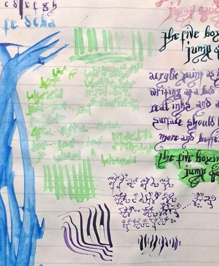 green things, cats and dogs.
sloppy vivid colors
some watery paint and ink
dip pen calligraphy