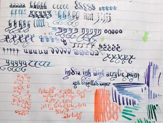 lowercase letters and smells
sloppy vivid colors
some watery paint and ink
dip pen calligraphy