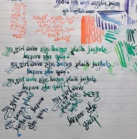 smells and pangram plaidjackels
sloppy vivid colors
some watery paint and ink
dip pen calligraphy