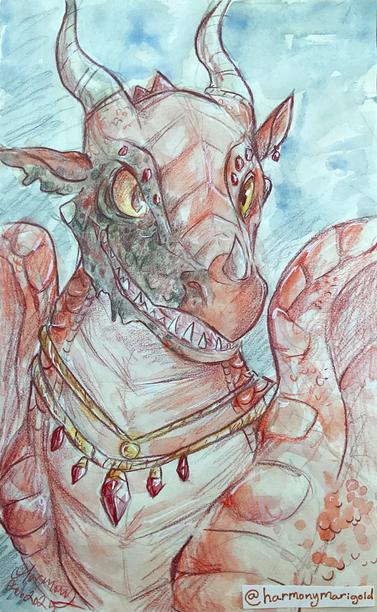 Drawing of a reddish dragon with lots of jewelry and a nasty burn covering half her face.