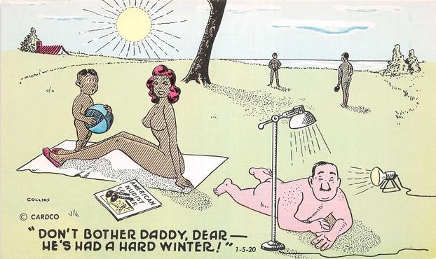 "Dont bother daddy , dear hes had a hard winter postcard" As a family sun bathes on a lawn. Dad has a tanning lamp because hes whiter than the rest.