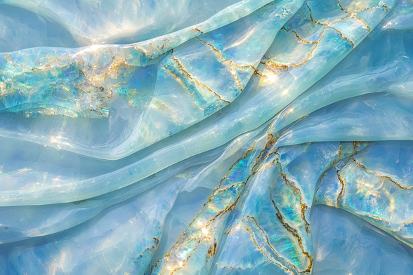 Close-up of the polished surface of an imaginary chatoyant mineral with qualities of aquamarine, moonstone, and opal, with shimmering gold veins and smooth folds catching the light.