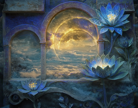 Vibrant blue night blooming flowers glow ethereally against a backdrop of weathered arches, opening to a mystical, cloud-filled sky illuminated by energetic arches of golden light with a magical quality.