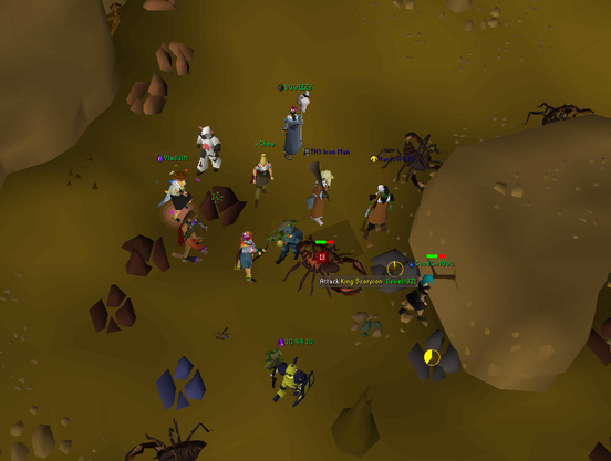 A group of players gathered in the dwarven mines in Old School RuneScape. One is hitting a king scorpion and the start of fireworks for reaching level 99 are visible.